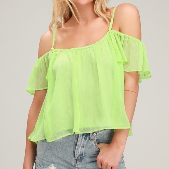 NWT Lulu's Lime Neon Green Off-the-Shoulder Spaguetti Straps Top Blouse XS - Picture 1 of 5